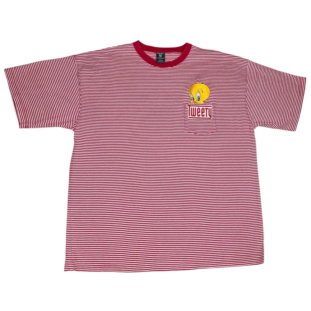 Vintage Warner Bros Studio Store Tweety Bird Striped Pocket T-Shirt Red White XL